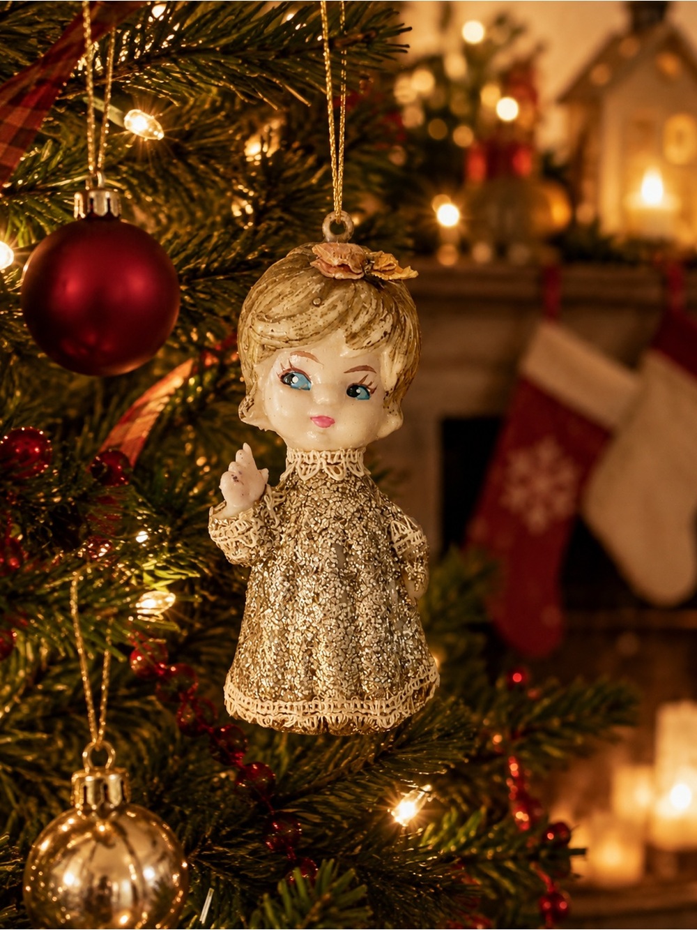 ✨ Vintage Mid-Century Kitsch Big Eye Angel Christmas Ornament ✨ EUC